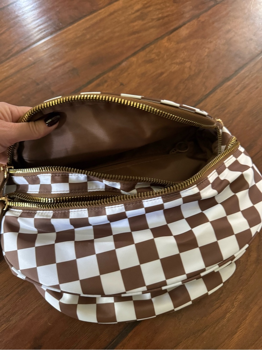 Checkerboard Brown & White Crossbody Belt Bag - Picture 3 of 5